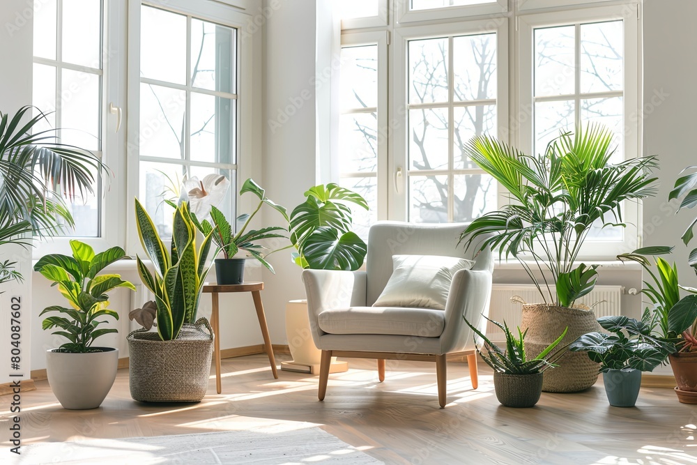 Bright, airy room filled with a diverse collection of houseplants, creating a lush indoor garden oasis Bright, airy room filled with a diverse collection of houseplants, creating a lush indoor garden oasis