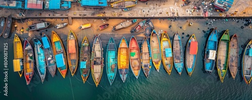 Aerial view of many boats and fishing boats docket at Malpe New Port, Udupi, Karnataka, India. photo