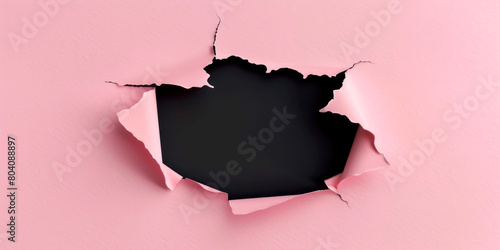 Pink paper with black ripped hole in the middle, flat 2D illustration, background	