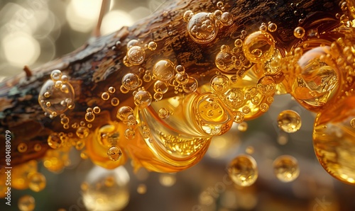 Macro shot of golden bubbles of longleaf pine resin photo