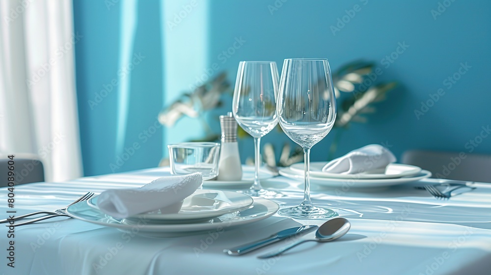Table setting in the restaurant interior light blue tones mediterranean style. copy space for text. Table setting in the restaurant interior light blue tones mediterranean style. copy space for text.