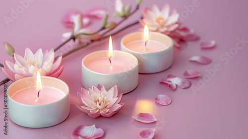 Three candles with little lotus flowers on a pink background. copy space for text.