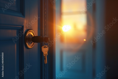 Open door with keys , new home concept metaphorical journey of stepping into a new home.