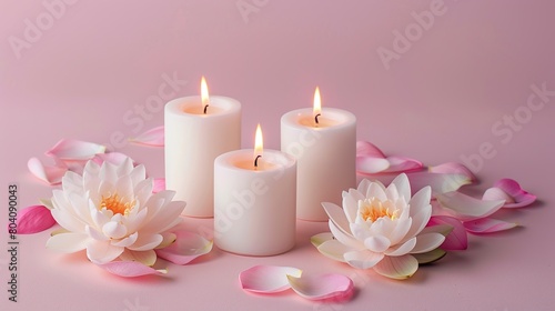 Three candles with little lotus flowers on a pink background. copy space for text.