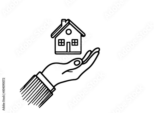 continuous one black line drawing businessman hand holding house icon sign saving money concept outline doodle illustration