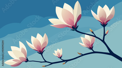Magnolia branch against a blue sky. Stylized illustration featuring elegant pink and white magnolia flowers in bloom, perfect for spring-themed designs, wallpapers, and greeting cards.