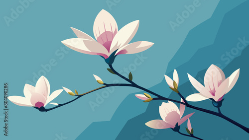 Magnolia branch with delicate flowers in soft pastel tones against a geometric blue background. Ideal for contemporary home decor, wallpapers, and elegant stationery.