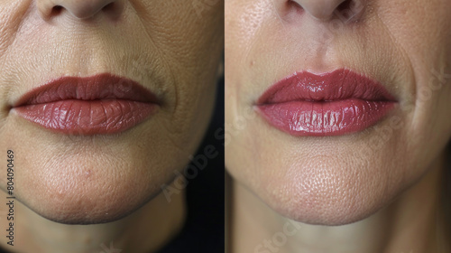 Enhance your lips with a close-up view of before and after lip augmentation. Explore surgical options, fillers, mesotherapy, and corrective treatments to achieve fuller, more desirable lips. photo