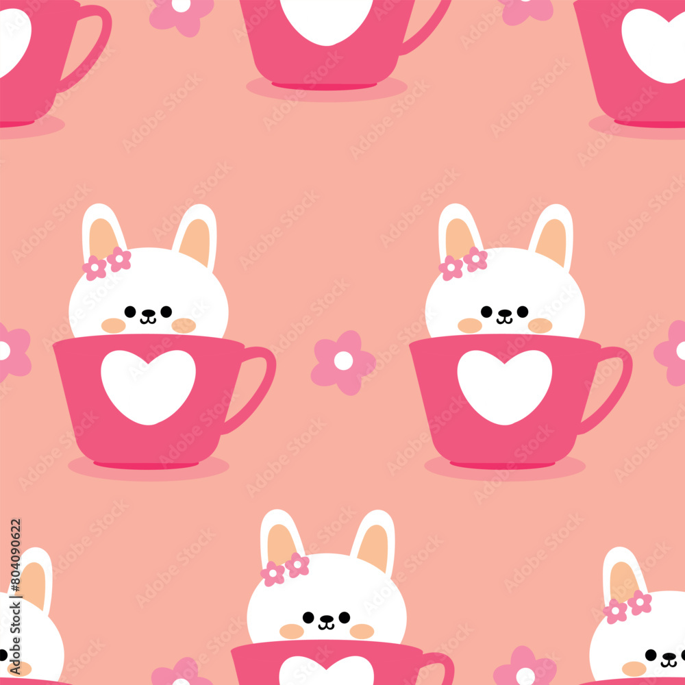 Obraz premium seamless pattern cartoon white rabbit inside a cup. cute animal wallpaper illustration for gift wrap paper