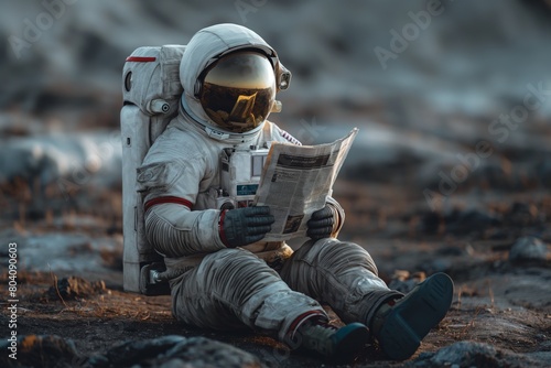 Astronaut sitting and reading a newspaper.