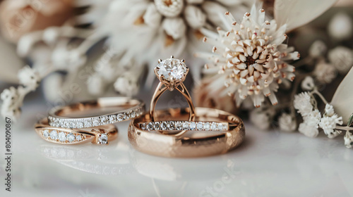 Beautiful wedding and engagement rings on white table