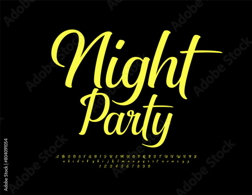 Vector stylish poster Night Party. Bright Cursive Font. Creative set of Alphabet Letters and Numbers.