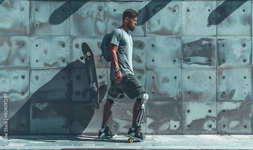 Man holding skateboard and walking with prosthetic leg in front of wall