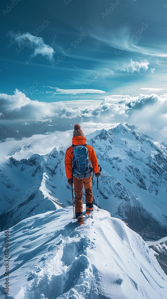 Obraz premium man with backpack stands on snowy summit