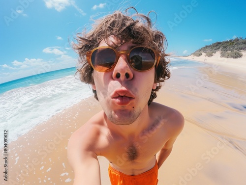 Young man taking a playful selfie on a sunny beach.