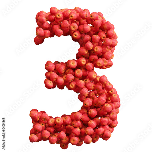 Alphabet made of red apples, number 3