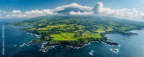 Aerial view of Ilheu de Vila Franca do Campo on Ilha do Pico island on Azores archipelagos, Portugal.