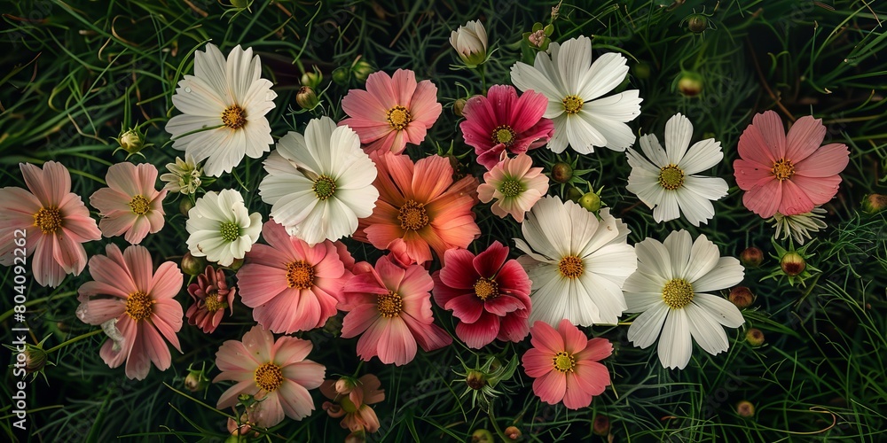 Overhead view of a bunch of Assorted pink and white Cosmos flowers lying on grass