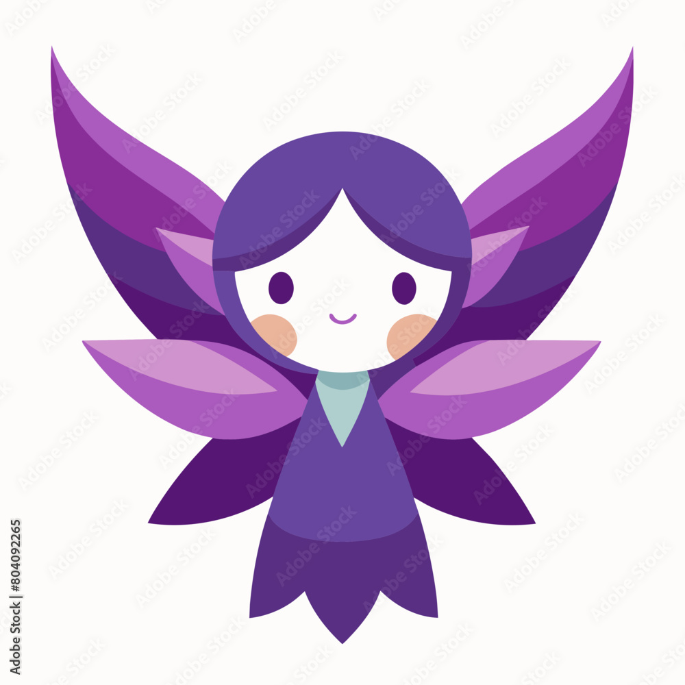 Cartoon fairy character with purple wings. Cute and colorful illustration of a smiling fairy with large, stylized wings in shades of purple and lavender. Ideal for children's books, animations Cartoon fairy character with purple wings. Cute and colorful illustration of a smiling fairy with large, stylized wings in shades of purple and lavender. Ideal for children's books, animations