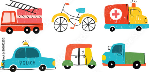 Fun Transportation Toys Chalk Crayon style set Illustration Vector