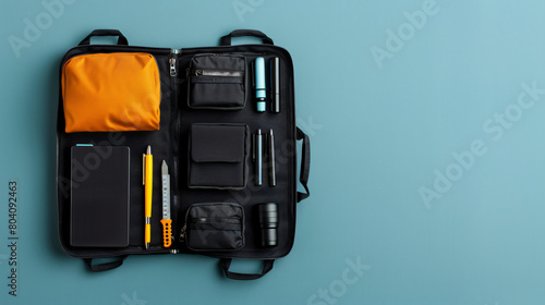 Black travel organizer with different things on color