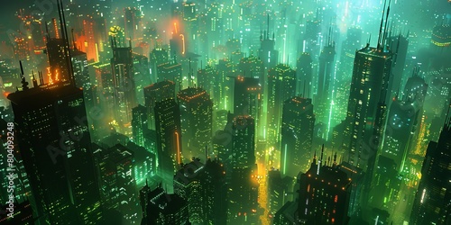 Cyberpunk Metropolis with Orange and Green Neon lights. Night scene with Visionary Skyscrapers.