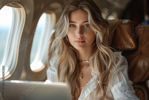 A young, stylish woman with light hair is focused on her laptop while seated in a luxury airplane’s cabin photo