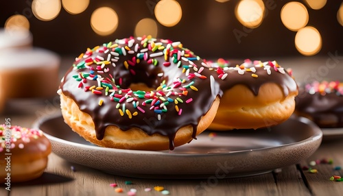 Chocolate donuts on a plate, commercial photo for marketing use photo