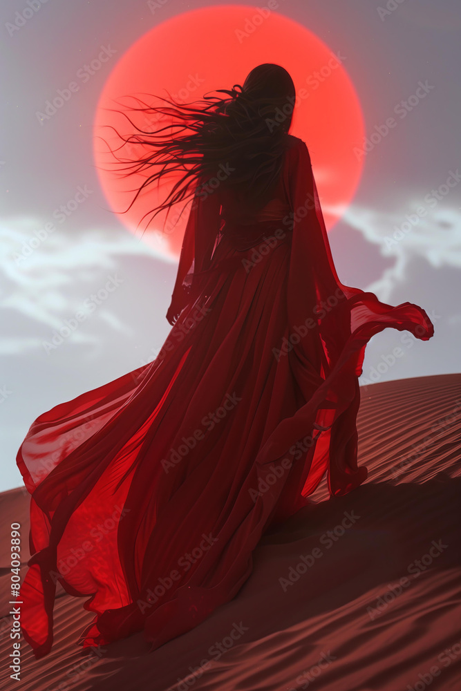 woman in Arab costume standing with her back to the camera . oriental tales aesthetics. standing on top of a sand dune. her red dress flutters in the wind. a huge red sun in the sky woman in Arab costume standing with her back to the camera . oriental tales aesthetics. standing on top of a sand dune. her red dress flutters in the wind. a huge red sun in the sky