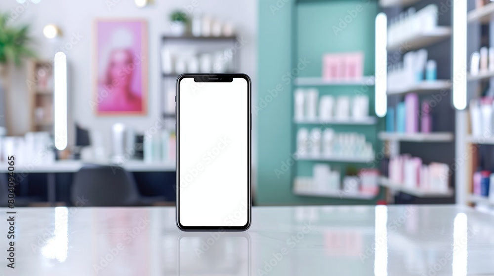 Smartphone in white screen for mock up on Beauty salon background Smartphone in white screen for mock up on Beauty salon background