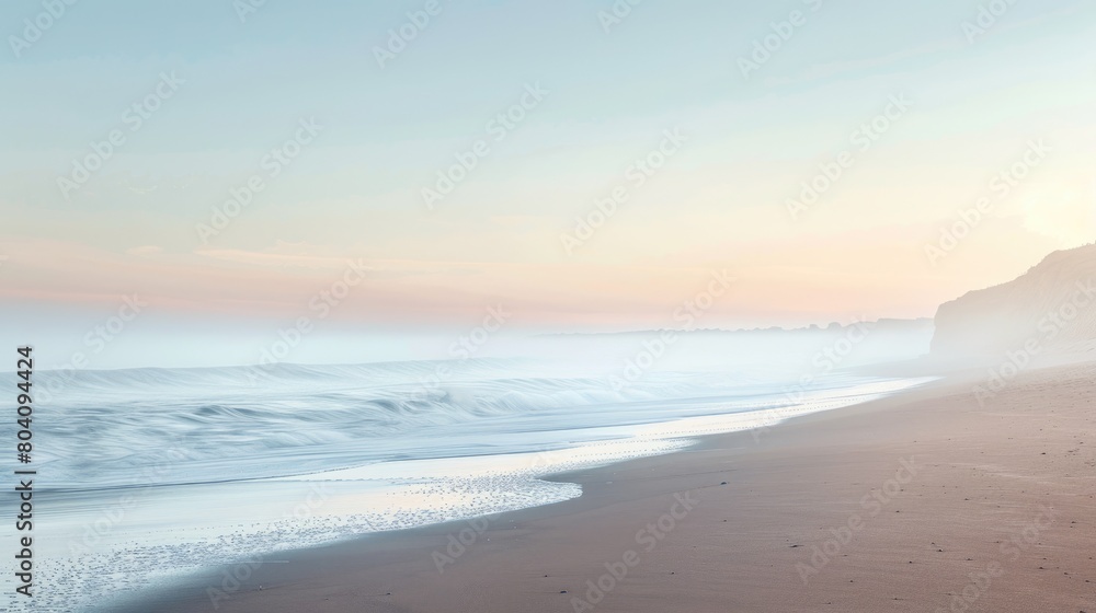 A misty beach at dawn with trees silhouetted against the sky. The horizon blends into the fluid water, creating a serene natural landscape AIG50