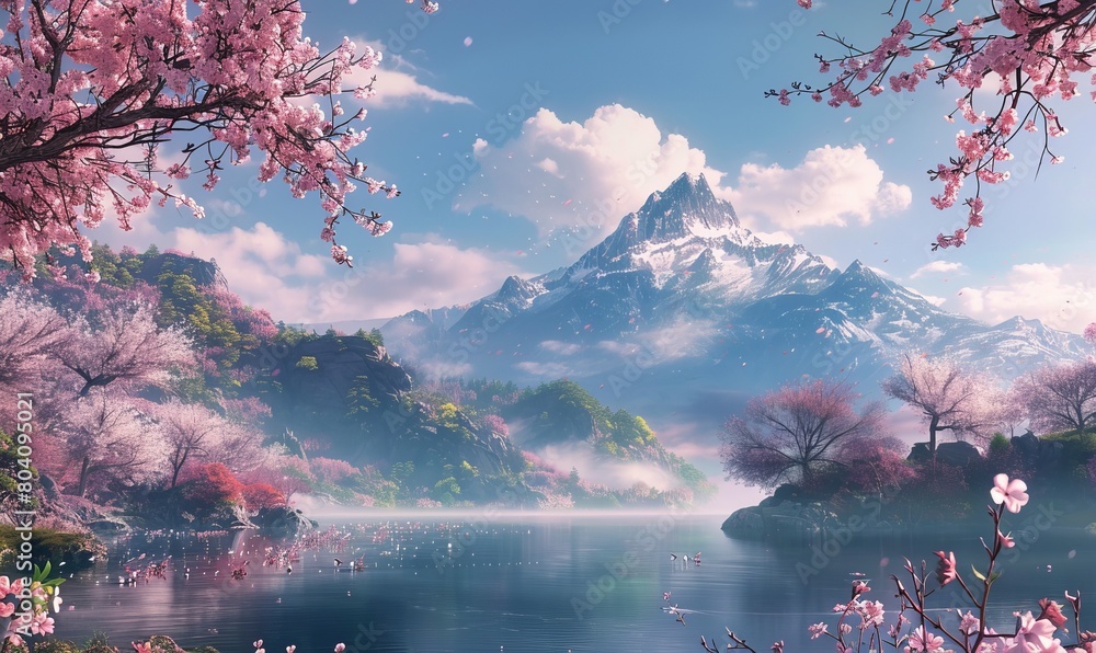 A beautiful view of a mountain with cherry blossoms in the foreground. This picture can be used to depict the serene beauty of nature and the arrival of spring.