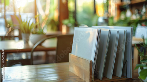 Blank magazines in holder on table photo