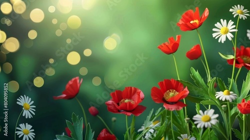 Greetings, invitation cards, wedding invitations, birthday cards, Easter cards with chamomile and red poppies
