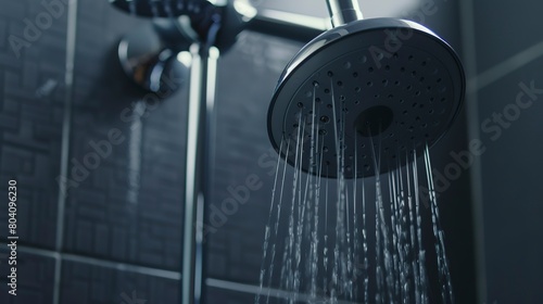 Macro view of a water-efficient low-flow showerhead in operation, focusing on water conservation and energy savings in heating. 
