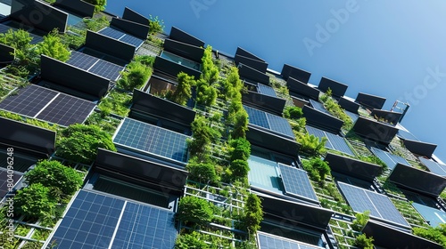 Close-up of an eco-friendly building facade with solar panels and green walls, illustrating integrated energy-saving technologies. b7