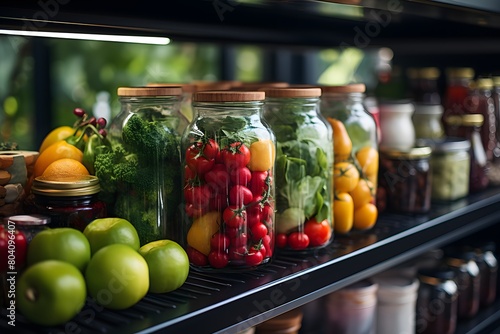 Variety of fresh vegetables in glass jars on shelf in grocery store