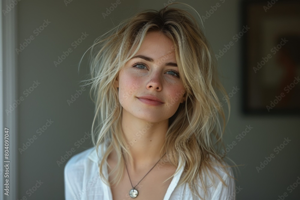 A relaxed portrait of a woman with blonde, carefree locks and a soft smile, embodying ease and comfort A relaxed portrait of a woman with blonde, carefree locks and a soft smile, embodying ease and comfort