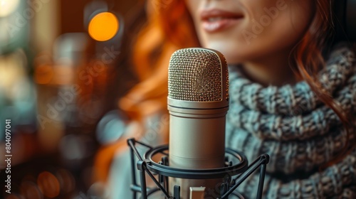 A woman in a soundproof room is preparing material for voice recording, focusing on professional vocal delivery for dubbing or voiceover work. The concept is Voiceover Preparation.