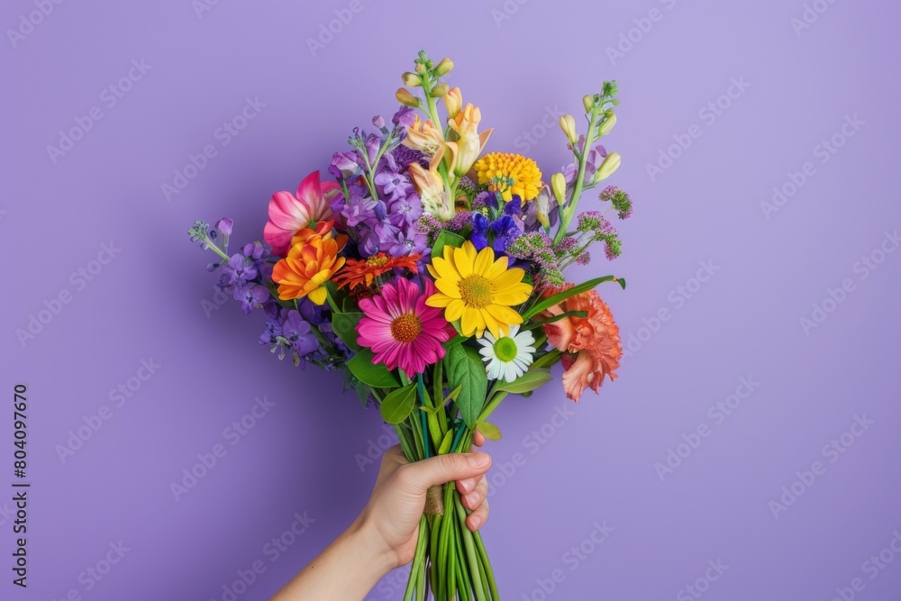 hand holding a lush bouquet of colorful flowers including roses, lilies, and daisies against a bright backdrop