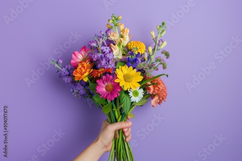 hand holding a lush bouquet of colorful flowers including roses, lilies, and daisies against a bright backdrop
