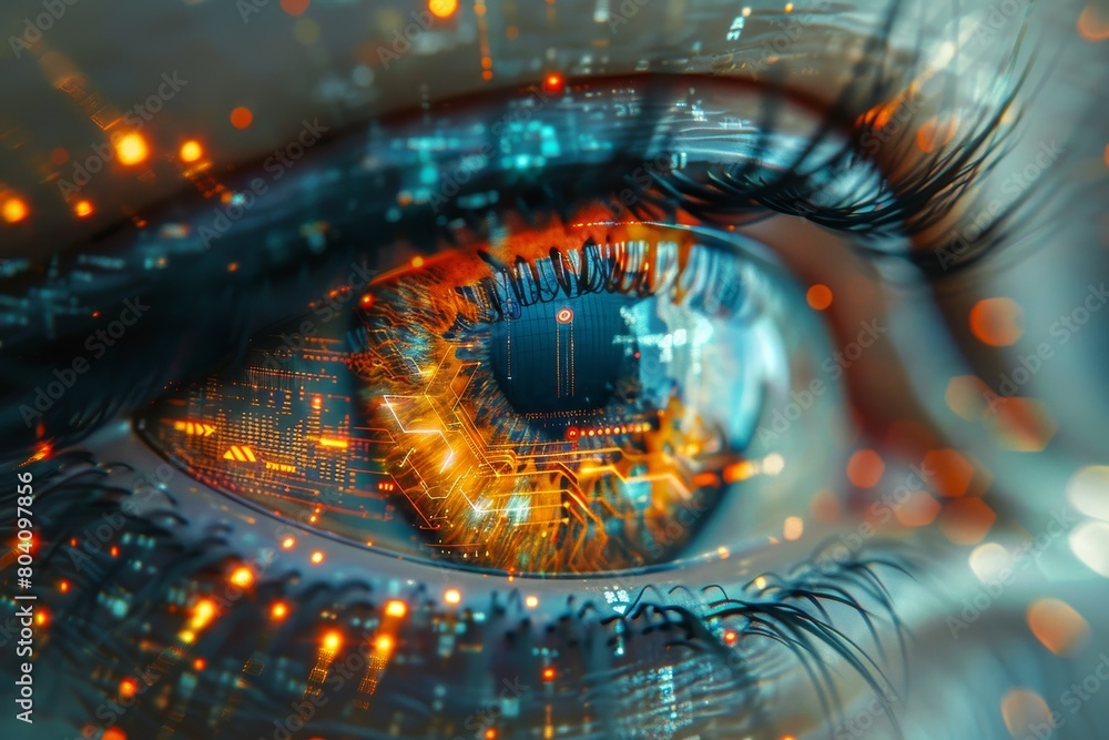 Close-up of a human eye enhanced with digital overlays, representing concepts of future technology Close-up of a human eye enhanced with digital overlays, representing concepts of future technology