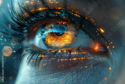 Detailed image of an eye with high-tech digital graphics mirrored on the iris