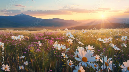Beautiful meadow with white daisies and pink sunset in the mountains