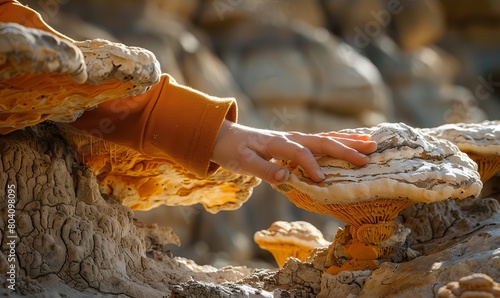 A child's hand touches eroded sandstone at The Toadstools, Grand Staircase-Escalante National Monument, near Kanab, Utah photo