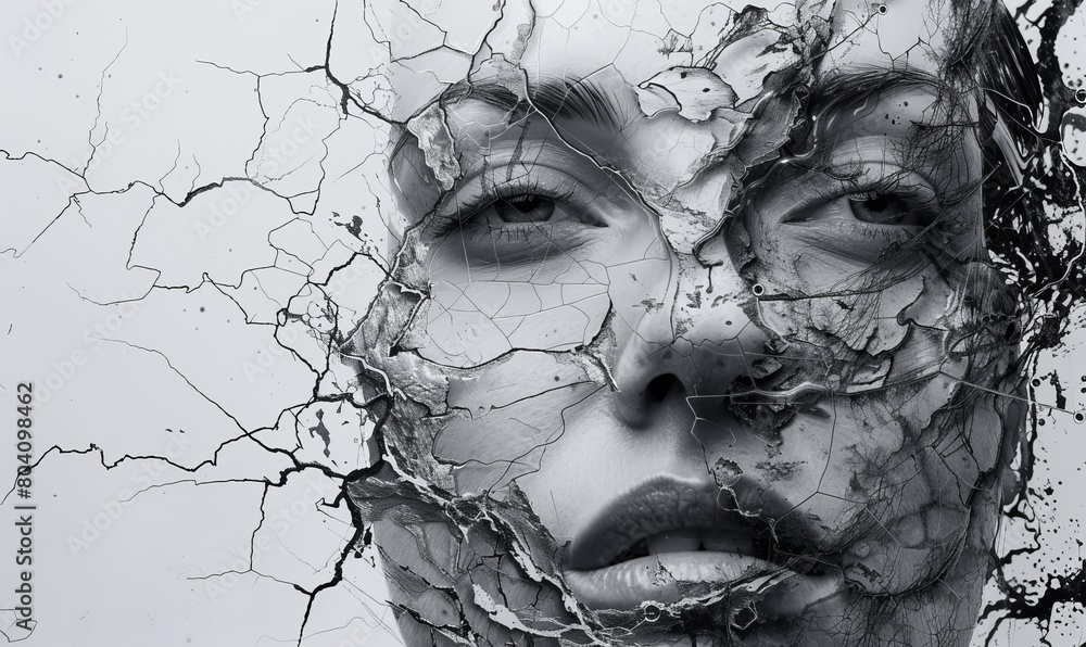 Abstract female face. Human like woman with web and cracks in features.