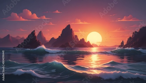 Sunset over the ocean vector simple 3d smooth cut isolated illustration.