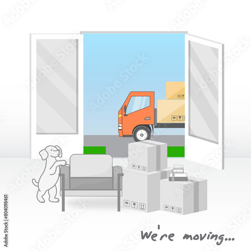 Transportation and home removal. We're moving. The truck with boxes is visible through the open doors of the house. Pet dog and Boxes, armchair, books in anticipation of moving. Gray and colorfully 