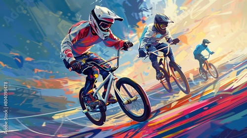 Illustration of several BMX athletes on a multi-colored background. Summer competitions