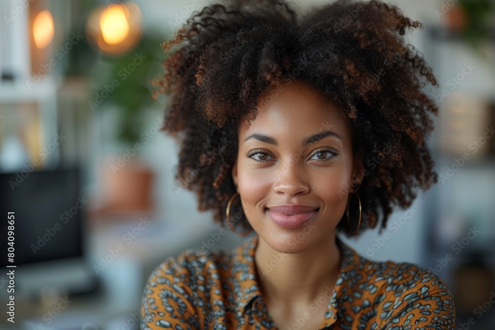 Close-up of an attractive smiling woman with curly hair indoors with a bokeh effect in the background Close-up of an attractive smiling woman with curly hair indoors with a bokeh effect in the background